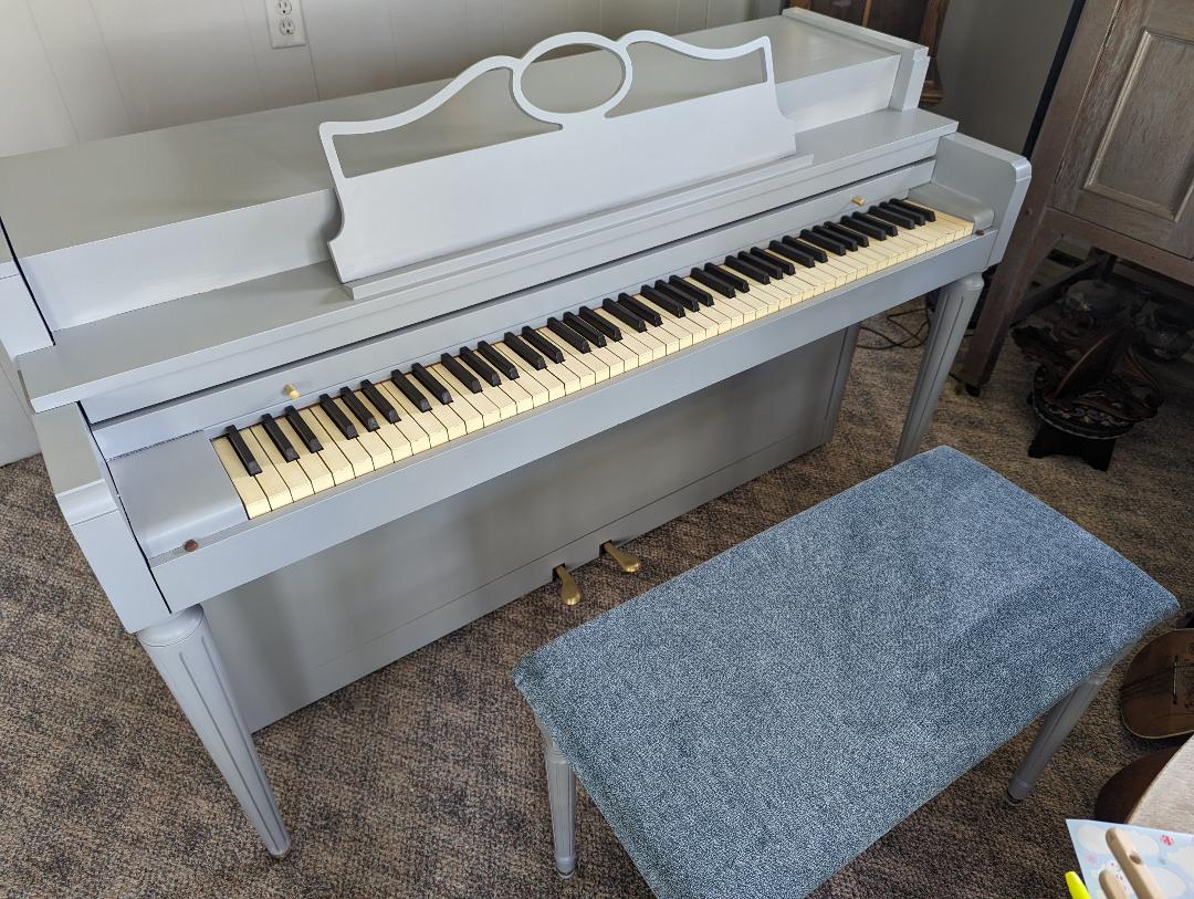 Blue Grey Spinet - The Piano Gal Shop | Piano Tuning, Music Store & Lessons